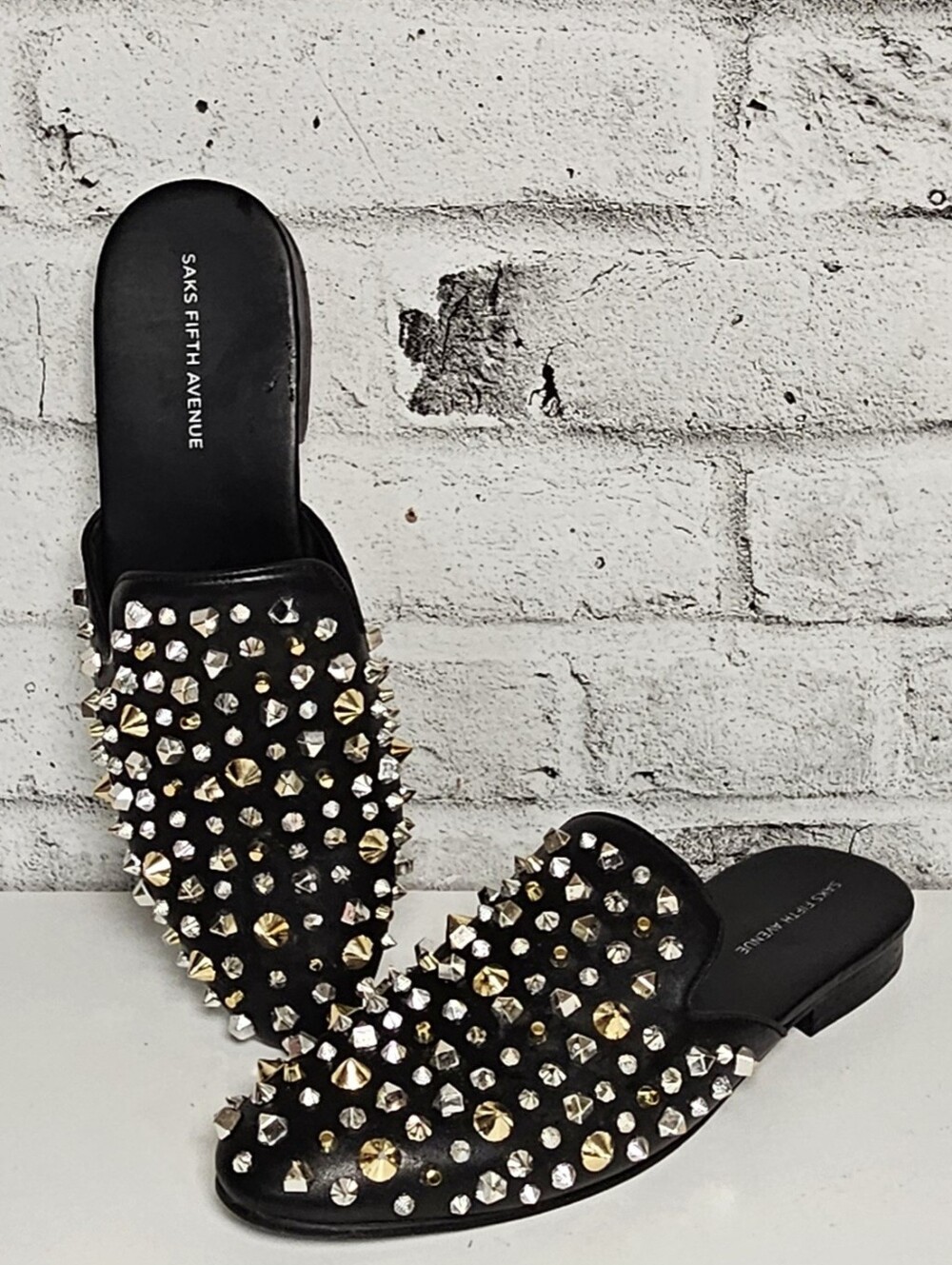 Saks Fifth Avenue Studded Leather Mule Flats Black Slip On Mens Size 11